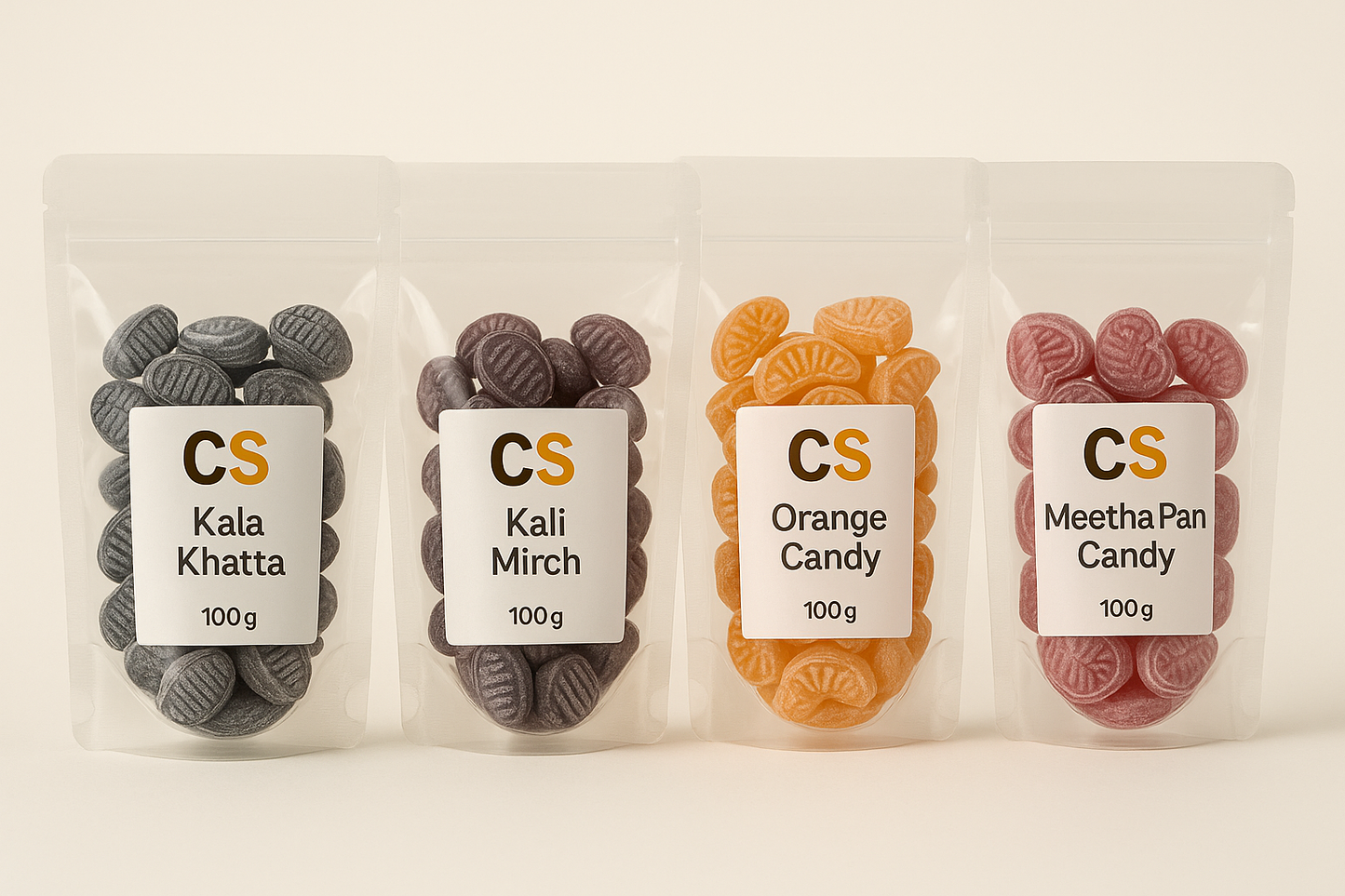 4 Candy Combo : Kala Khatta 100gm + Kali Mirch 100gm + Orange Candy 100gm + Meetha Pan Candy 100gm