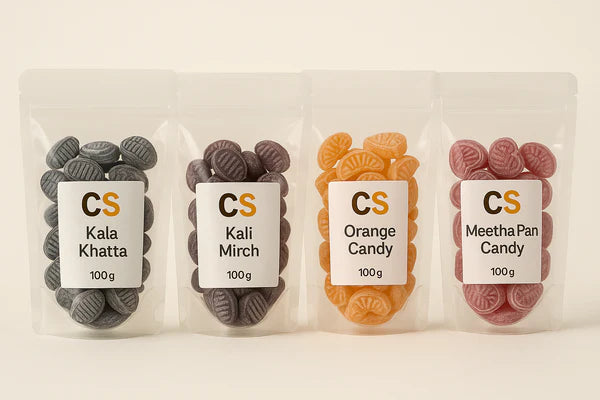 4 Combo Candy pake  ournge camdy 100gm +paan 100gm+kali mirch 100gm+kala khatta 100gm