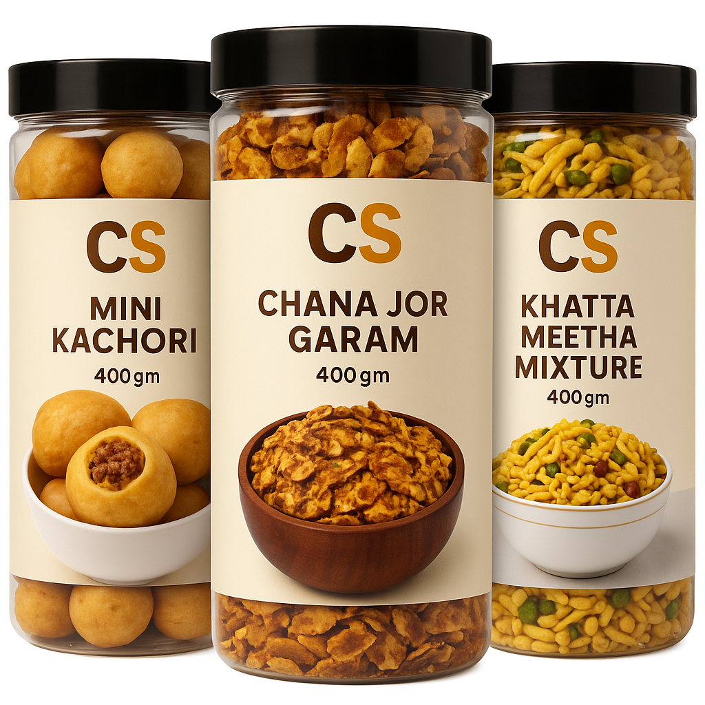 3 Namkeen Combo - Mini Kachori 400gm + Chana Jor Garam 400gm + Khatta Meetha Mixture 400gm