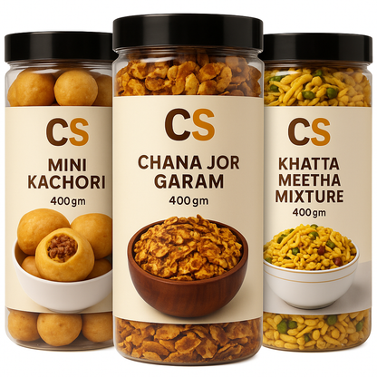 3 Namkeen Combo - Mini Kachori 400gm + Chana Jor Garam 400gm + Khatta Meetha Mixture 400gm